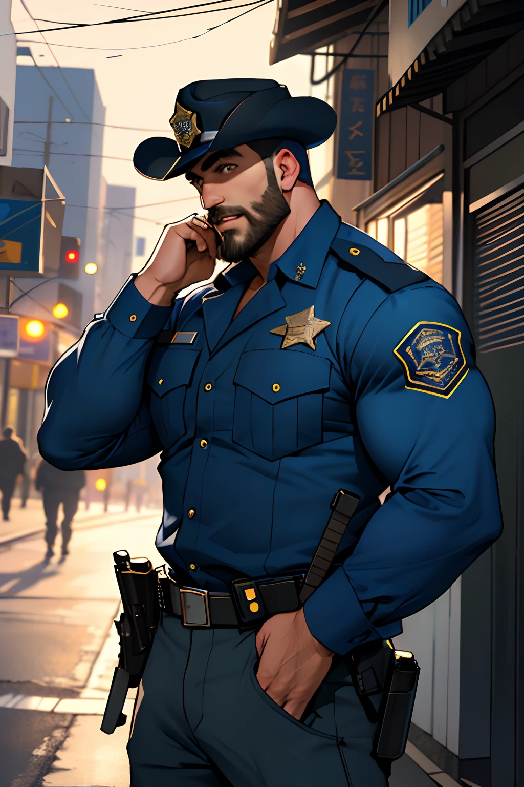Best quality, masterpiece, ultra high res,detailed background,realistic,illustration,cowboy shot,solo,1boy,muscular male,beard,police uniform,street,muscular,facial hair,volumetric lighting,depth of field
