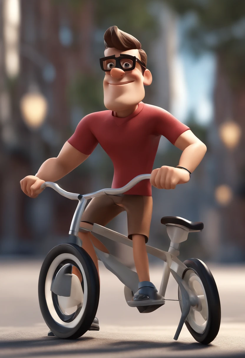 Cartoon character of a man with white glasses and black lens, cabelo cacheado comprido preto escuro e uma camisa xadrez, usando capacete em uma bicicleta vermelha estilo montain bike, animation character, Caractere estilizado, animation style rendering, 3D estilizado, Arnold Maya render, 3 d render stylized, toon render keyshot, Personagem 3D, Personagem 3D, 3d rendering stylized, 3 d character render, personagem de desenho animado, Personagem de close up, Pose de personagem, (Estilo Pixar) (master part:1.2) (Bokeh) (best quality) (pele detalhada) (textura detalhada) (8k) (argila) (Cinematic lighting) (foco nítido