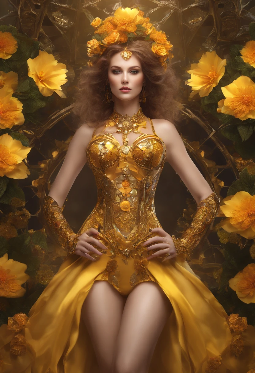 absurderes, A high resolution, Ultra detailed, (1girll:1.3), Fantasy steampunk costumes , Psychedelic, fractal patterns, geometric figure, Dynamic, Bright colors, (Flowers, petals), (Gold and yellow:1), boobs visible under glossy dress