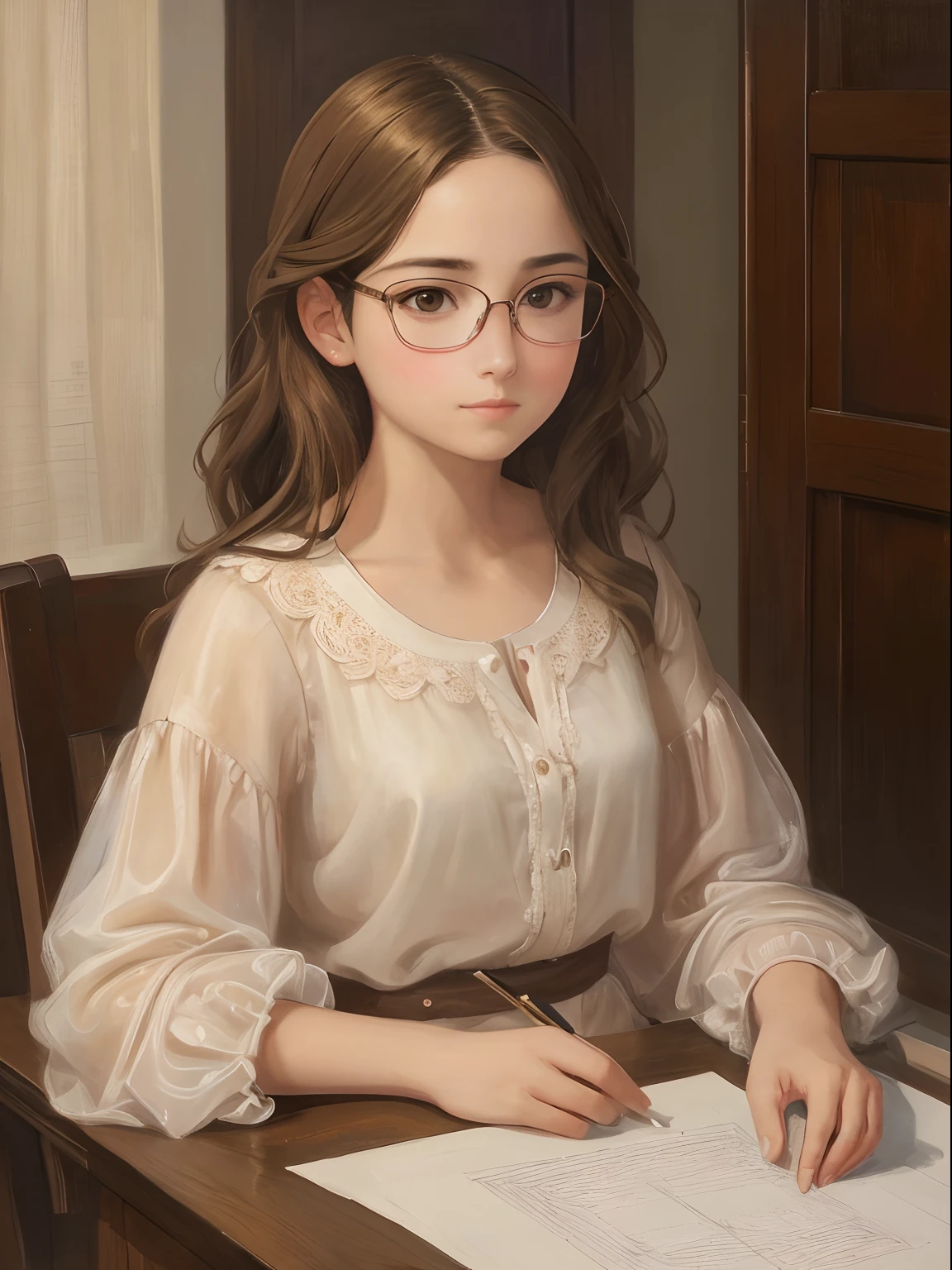 a 1girl, a beautiful -agedl, extremely small breasts, short wavy brown hair, brown eye, eyeglasses, portraite of a, oil painted, contemporary, semi-transparent silk blouse, Realistic Proportion, Intricate, intricate detials, Sharp focus