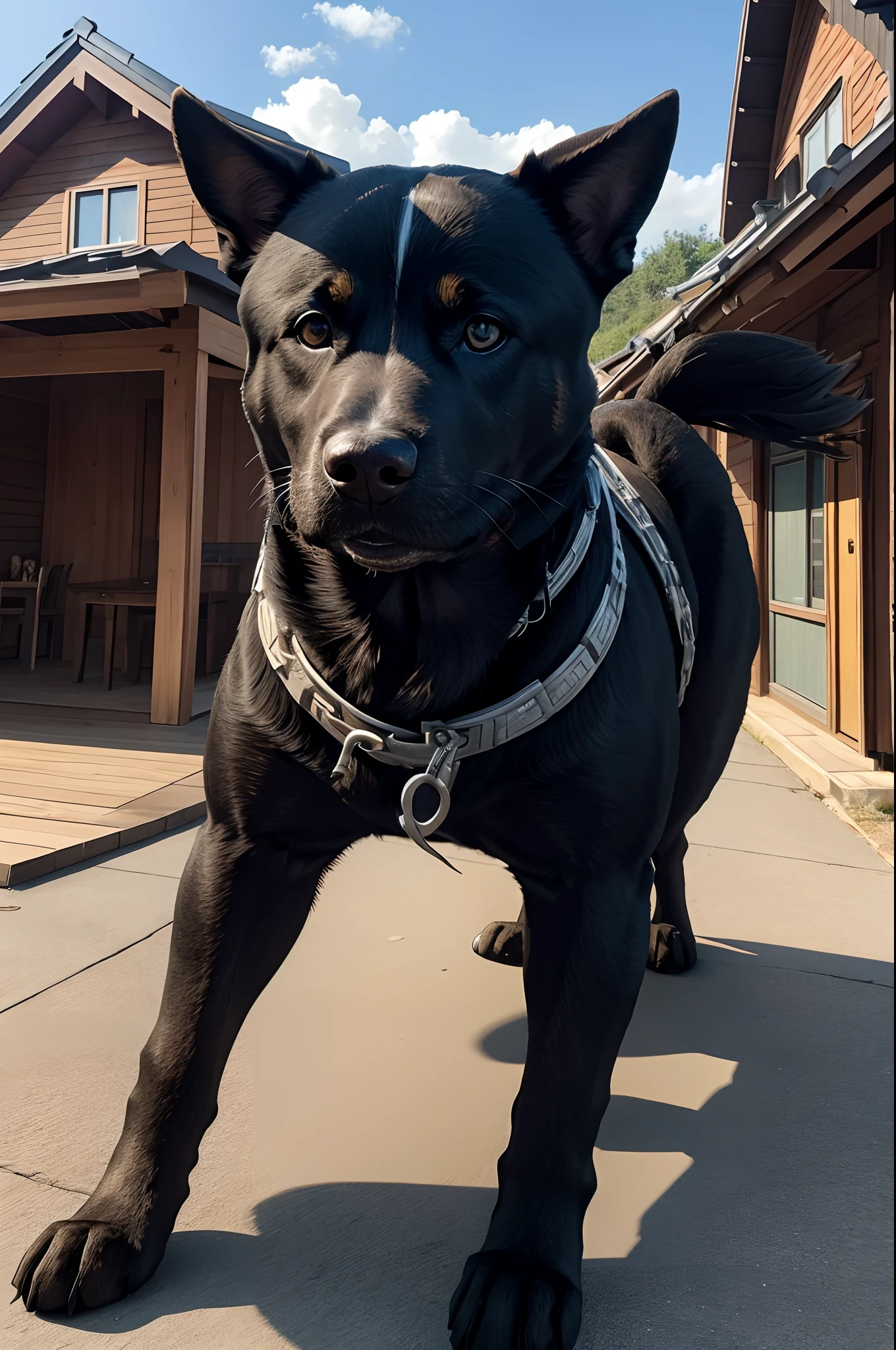 ninja dog realistic detailed, background house dog