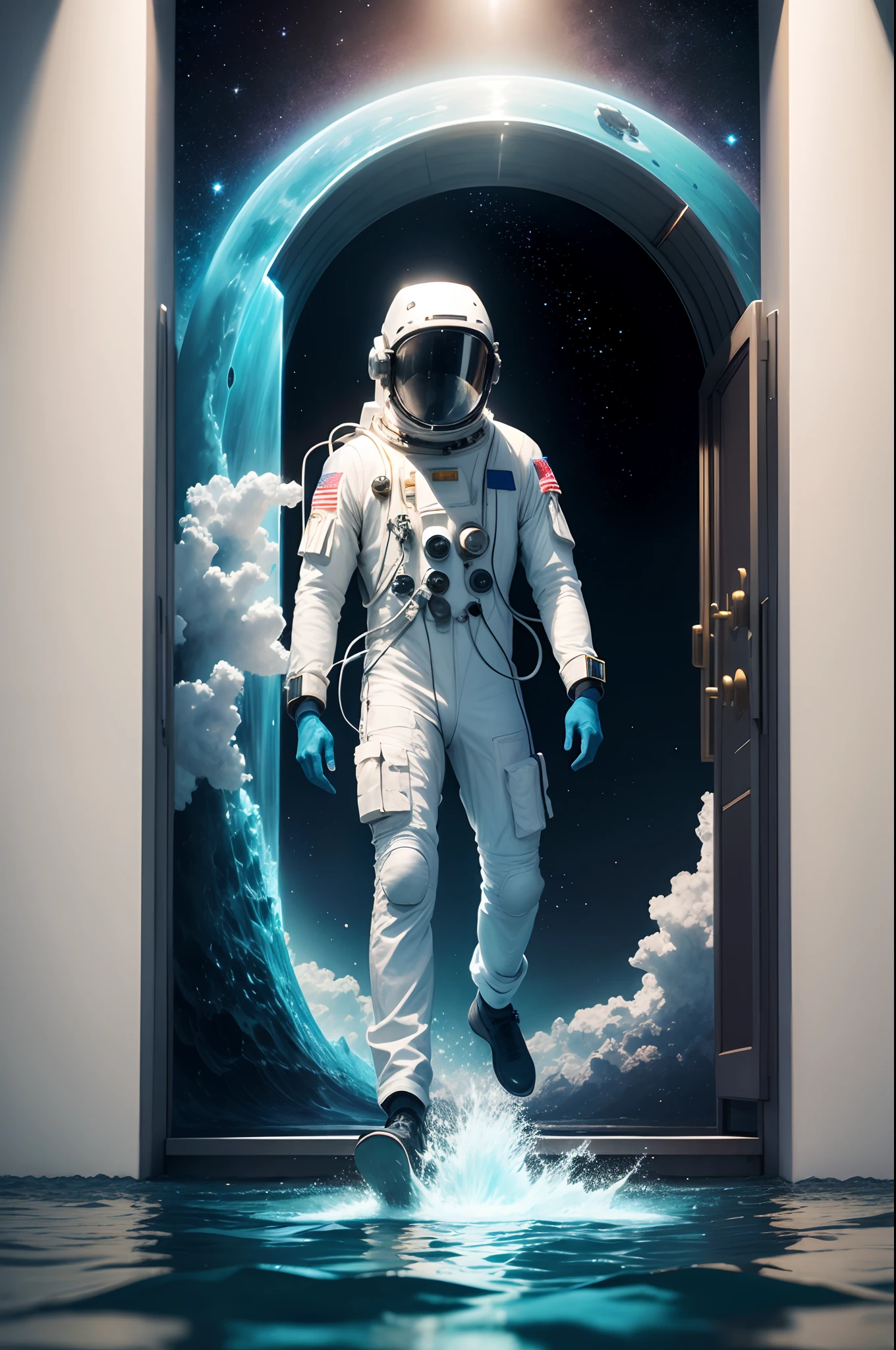 Astronauts walk on the water, Ocean, Sea, Sea alien portals, The astronaut enters the portal,Mystic Light KA,Add more details