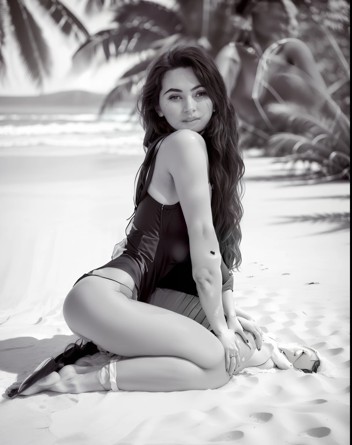 arafed woman in a black bathingsuit sitting on the ground, back and white, gorgeous face and figure, pretty face with arms and legs, by Anthony Devas, y pose, olga buzova, by Robbie Trevino, 2 4 ymale model, casual pose, in black and white, viktoria gavrilenko, from the side
