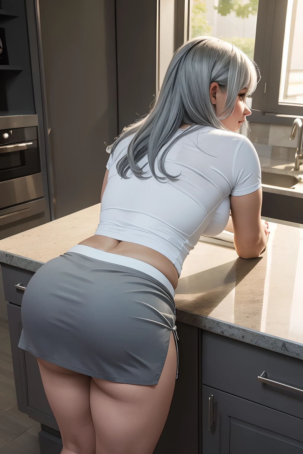 Gray-haired corpulent woman in perky tennis skirt on her back on all four on a counter