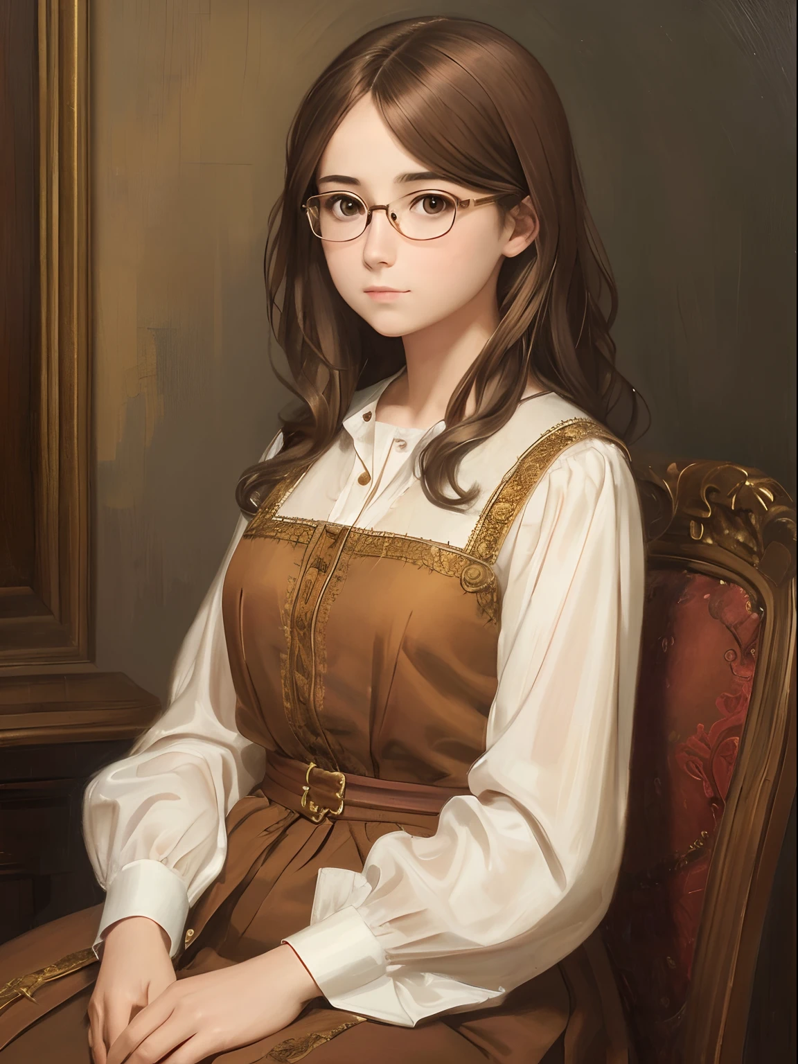 a 1girl, a beautiful -agedl, extremely small breasts, short wavy brown hair, brown eye, eyeglasses, portraite of a, oil painted, contemporary, semi-transparent silk blouse, Realistic Proportion, Intricate, intricate detials, Sharp focus
