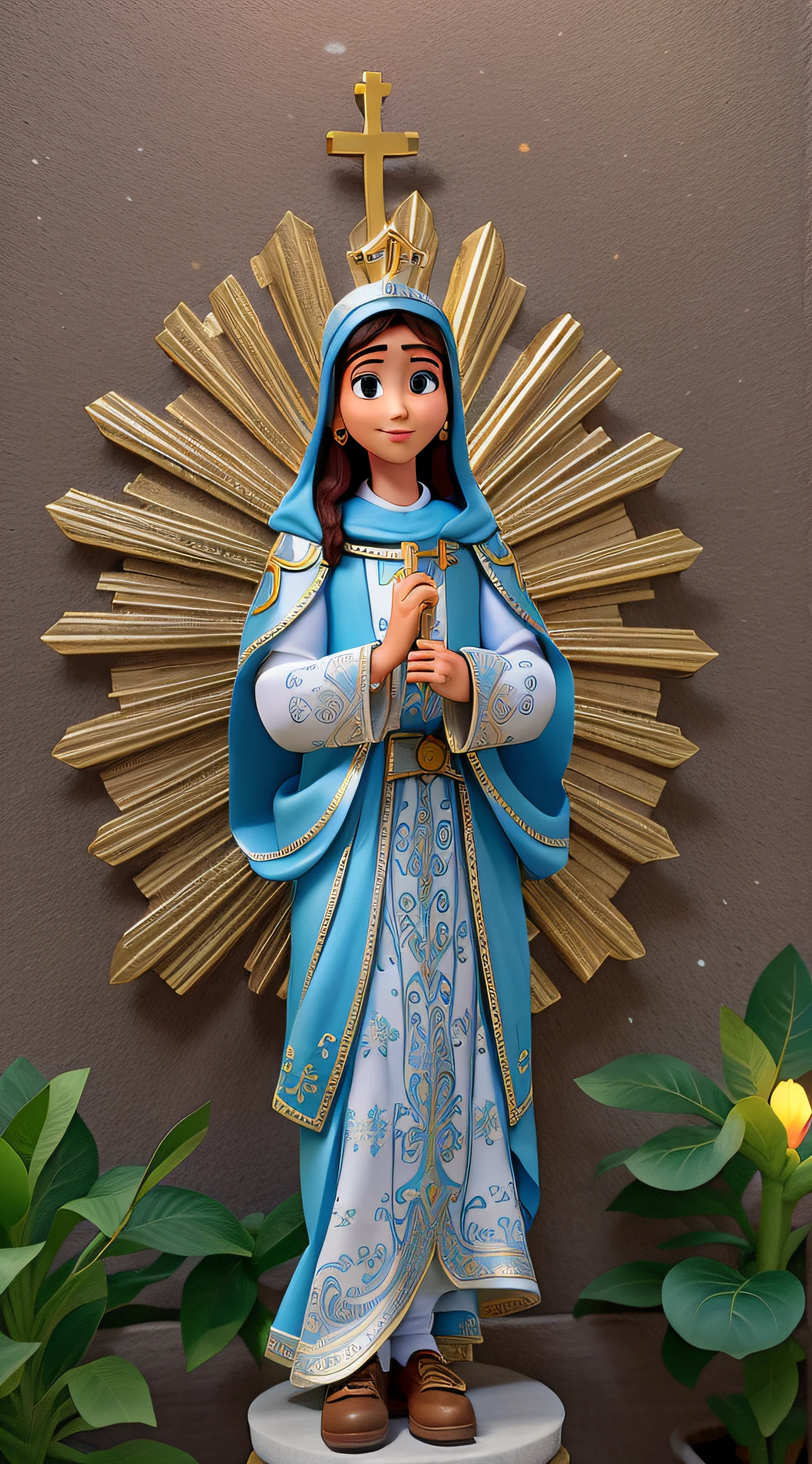 Saint of the first century of the Catholic Church, estilo disney pixar, alta qualidade, melhor qualidade, segurando uma cruz, with bright light behind