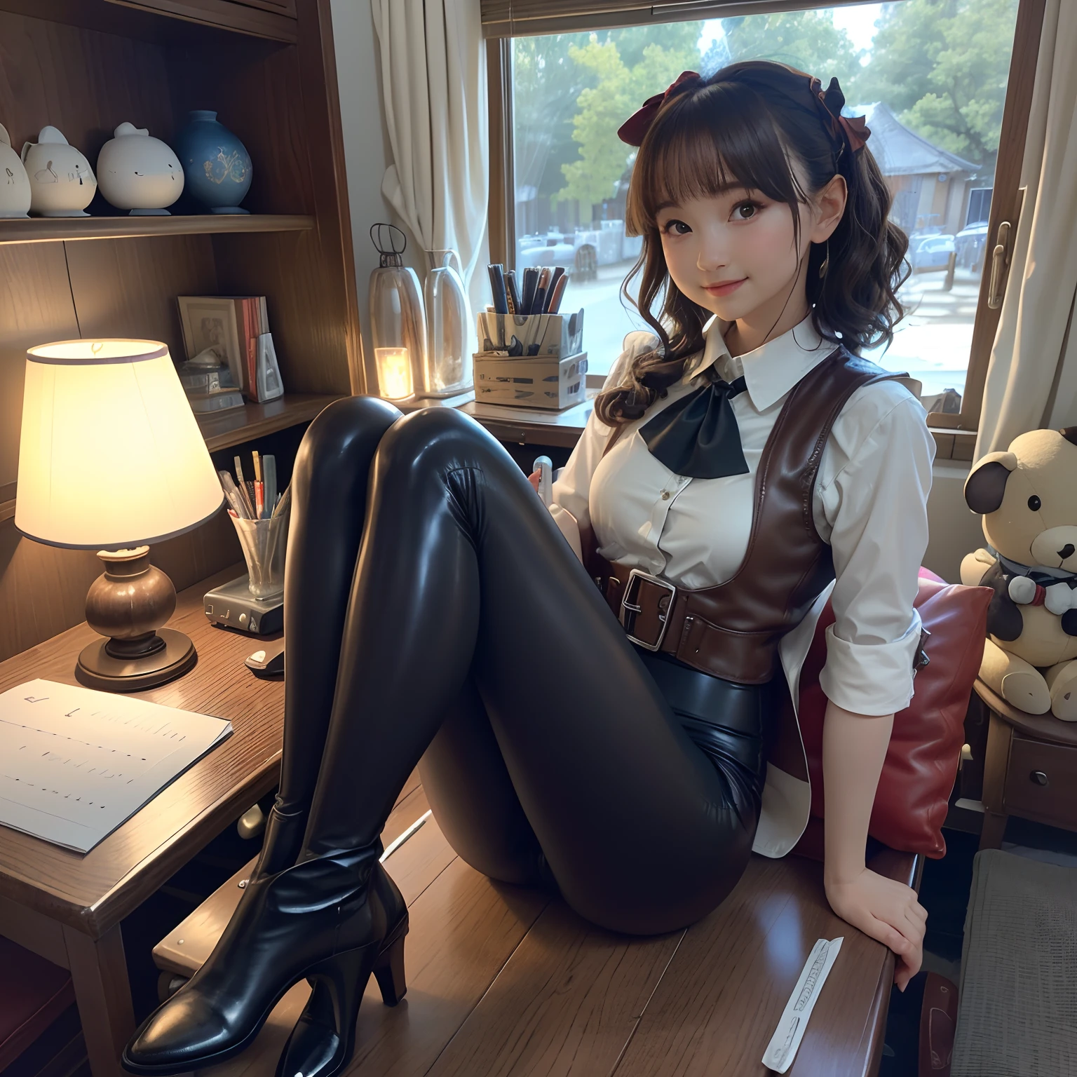 (masterpiece, highest quality, highest resolution, distinct_image, very elaborate CG, cinematic lighting, ray tracing, drop shadows, detailed detail, (photorealistic: 1.4), high quality textures, fine-grained, realistic face expression): (lone girl, face is Japan, brown short hair, hair tied back, small size breasts, sparkly eyes, eye level shot, facing forward, happy smile, beauty, slim body, holiday, own room, console game, computer, display, keyboard, mouse, long leather pants, white shirt with collar, leather vest, cardian, carrying leather bag on back, long boots, antique radio, coffee, model train, Bookshelves, wooden chairs, pots, fans, paintings, stuffed animals, ties, notebooks, stationery, vases, photo frames, letters, fountain pens, calendars, lamps, cushions, baskets, mirrors in profile, candles, newspapers, sweets, park view outside the window, telephone, fruit, telescope, retro TV)