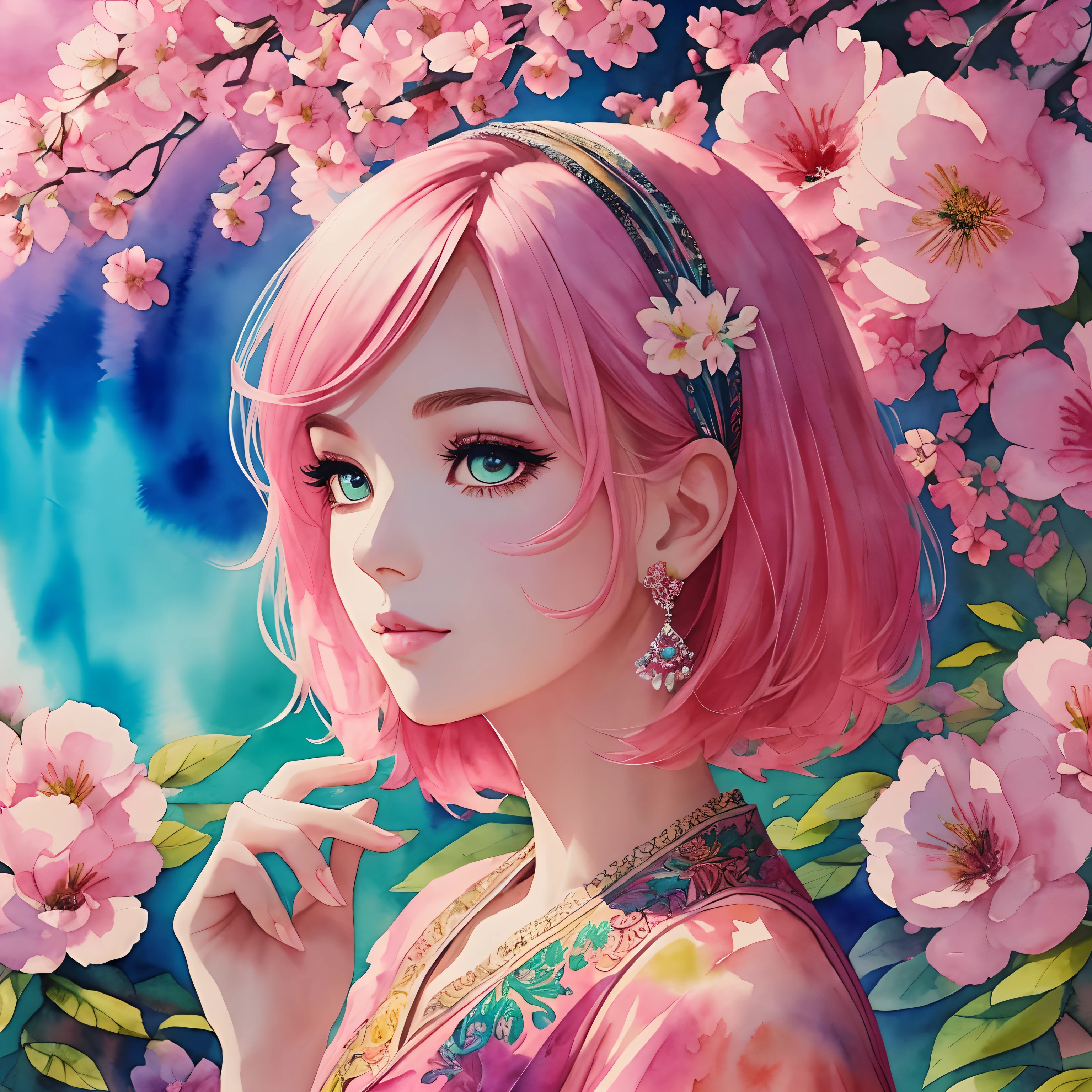 (Best Quality), (Masterpiece: 1.2), (Colorful: 0.9), (Ink Splash), (Color Splash), ((Watercolor)), Sharp Focus, (Portrait Summer Goddess: 1.5), Cute Look, Elegant Pink Haircut, Beautiful and Detailed Face and jade Eyes, Elegant Clothes, Spring Forest Background, Colored Water.,earth tones
