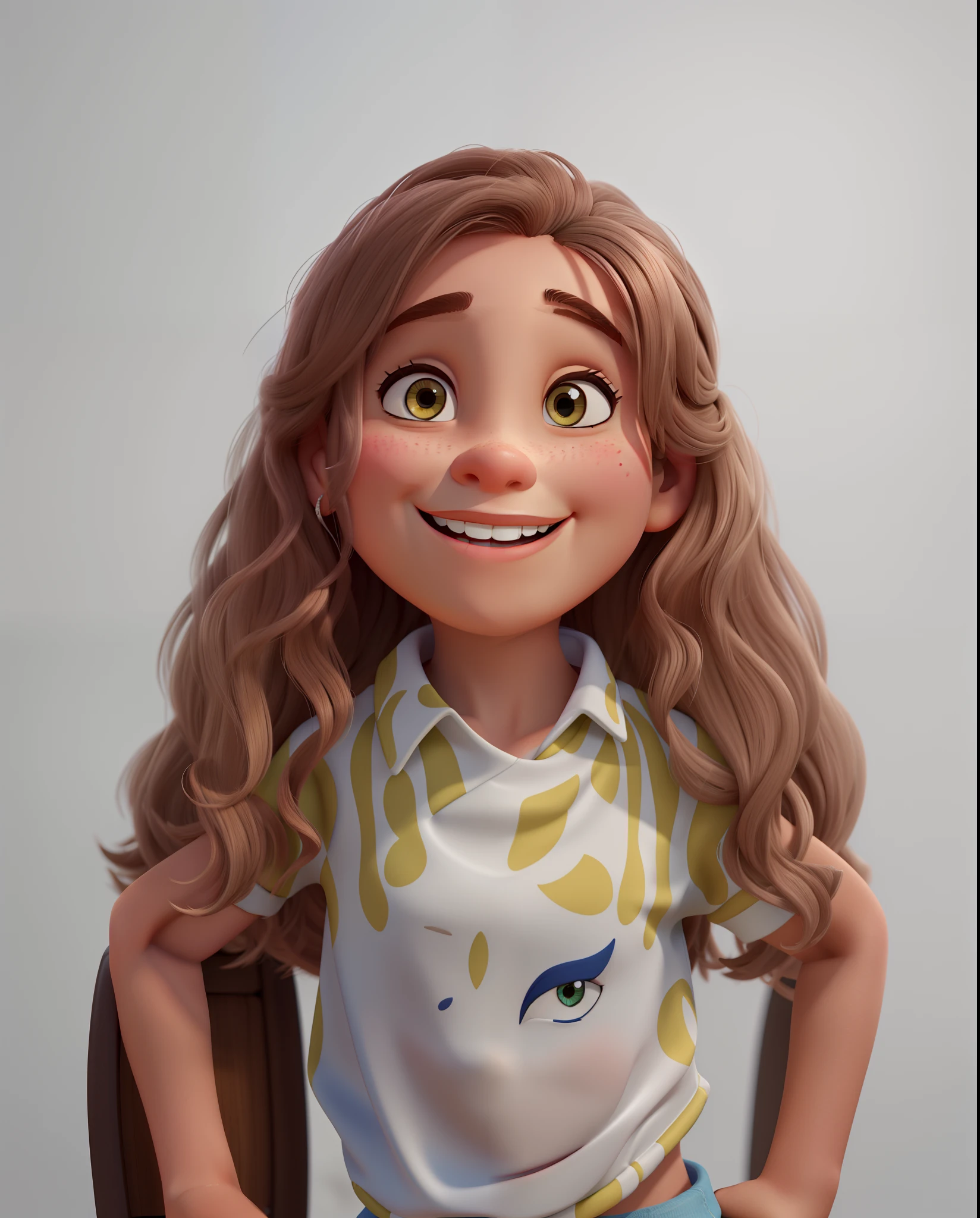 Uma menina sorridente com cabelos cacheados ao estilo disney pixar, alta qualidade