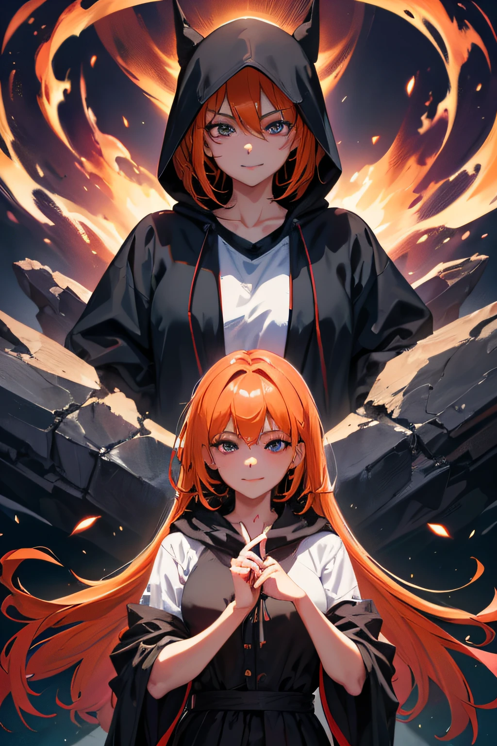Grim Reaper and Cute Hooded Girl,The Grim Reaper emerges from the swirling shadows.Stand in the Cemetery of Forgotten Souls.(Grim Reaper protecting a girl from behind:1.3,)Wielding a scythe,(Light brown and light orange striped hair:1.3,),Dark makeup,Beautiful breast slip、A smile that makes the viewer happy,Perfect face,Proper body proportion,masutepiece,High-quality output images,超A high resolution,Intricate details,Very delicate and beautiful hair,photographrealistic,Dreamy,Professional Lighting,realistic shadow,Beautiful hands,Beautiful fingers,Detailed finger features,detailed clothes features,Detailed hair features,detailed facial features,Style fighting games,Style RPG