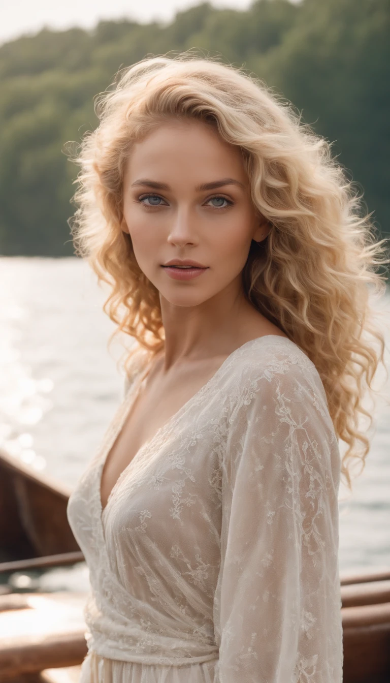 a beautiful blonde woman with curly hair, green eyes, tan skin, in Sommerkleidung, auf einem Schiff, full entire body,millionärstochter, lesbisch, attraktiv,