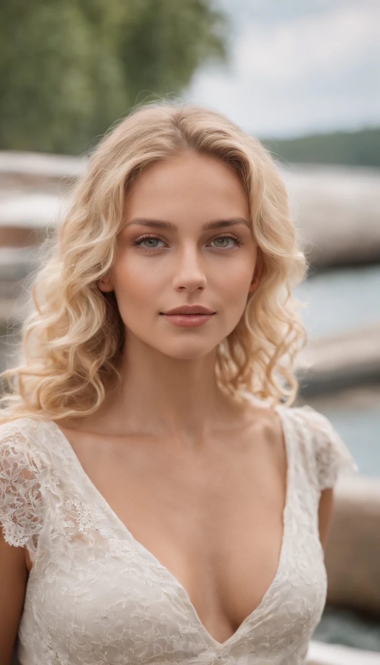 a beautiful blonde woman with curly hair, green eyes, tan skin, in Sommerkleidung, auf einem Schiff, full entire body,millionärstochter, lesbisch, attraktiv,