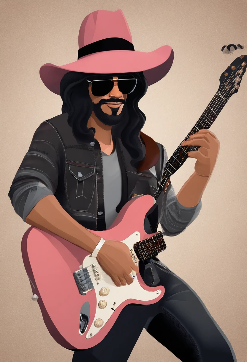 Personagem de desenho animado Disney ,3d,Estilo capa filme pixar, homem 30 anos, cabelo coque , black hat, barba, 3d pixar, sunglasses, tocando guitarra estilo fender, com quadros do Queen e pink Floyd ao fundo, with title "Jackson Rodrigues"