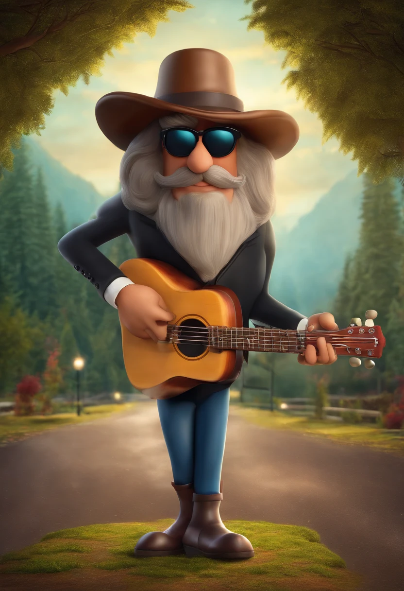 Personagem de desenho animado Disney ,3d,Estilo capa filme pixar, homem 30 anos, cabelo coque , black hat, barba, 3d pixar, sunglasses, tocando guitarra estilo fender, com quadros do Queen e pink Floyd ao fundo, with title "Jackson Rodrigues"