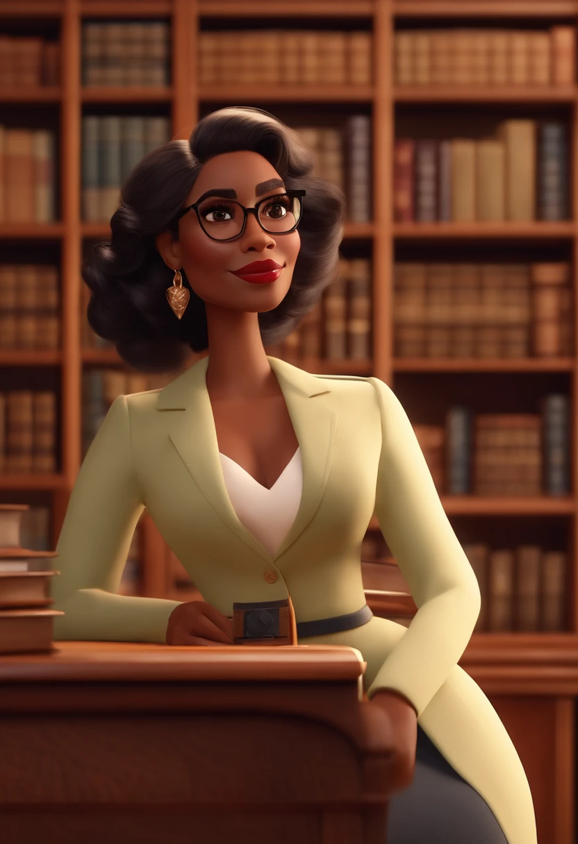 Pixar style image with 3D character, a light-skinned black woman with glasses and a dress outfit, she is a lawyer and is well dressed in the background, a law office with bookshelf and books with depth, bem bonito faca os ajustes que julgar necessario para melhor estetica ela tem cabelo cacheado medio volume cachos soltos castanhos mulher empoderada, Anos Imane, andrea rocha, inspired by Antonín Chittussi, Magalie Villeneuve, imagem profissional, simone graci, imagem profissional, imagem de perfil, imagem de alta qualidade, Alanis Guillen, inspirado em Araceli Gilbert Maquiagem Disney,Pescador, bonitinho, sorridente ,Close-up, Pixar, Disney, Cinema lighting,