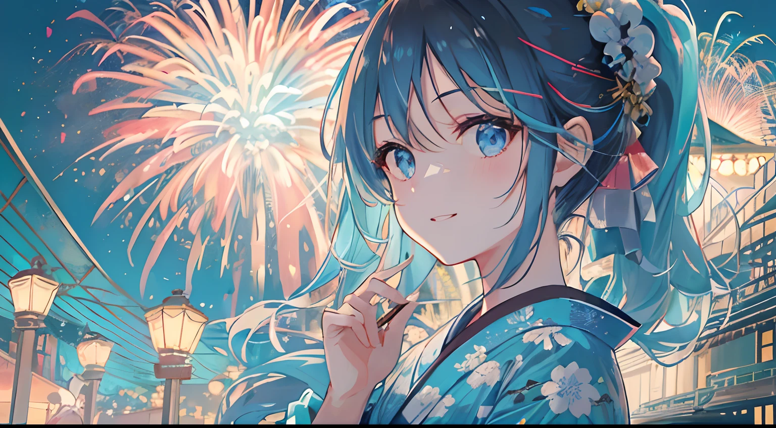 ((top-quality)), ((​masterpiece)), ((ultra-detailliert)), (extremely delicate and beautiful), girl with, 独奏,,She is very(relax)with  the(Settled down)Looks,A dark-haired, depth of fields,A big smile,Summer Festivals, Fireworks play,full body Esbian,portlate,Air bubble,bright light blue eyes,Inner color with black hair and light blue tips,Long Hair - Linear Art, Tiffany Blue Yukata、Light blue scrunchie、Clothes are sheer、Ponytail hair,The background is a magnificent night view of fireworks,Overall、Artistic background