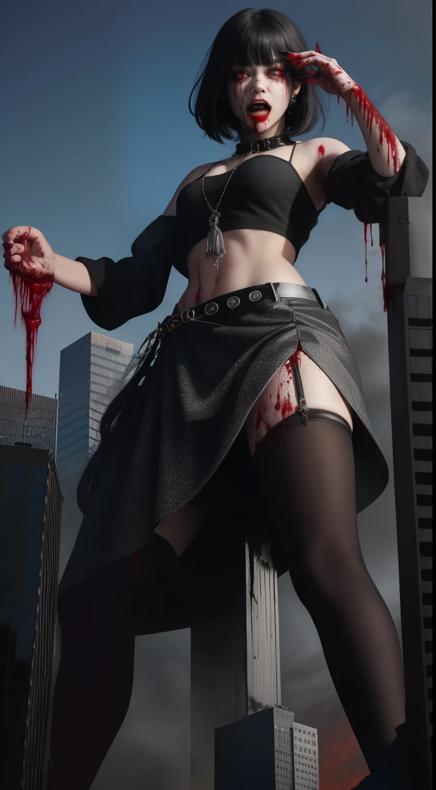 (masterpiece, best quality:1.2), cover image, splashed color background, giantess, towering over city, highly detailed, colorful black, 1 girl, long silver hair, red eyes, blood on eye, head in the hand, short hair, blunt bangs, mannequin, cool face, illustration, horror art, dread, creepy, blood, blood eyes, gore, opened mouth, blood in mouth, ((from below)), midriff exposed