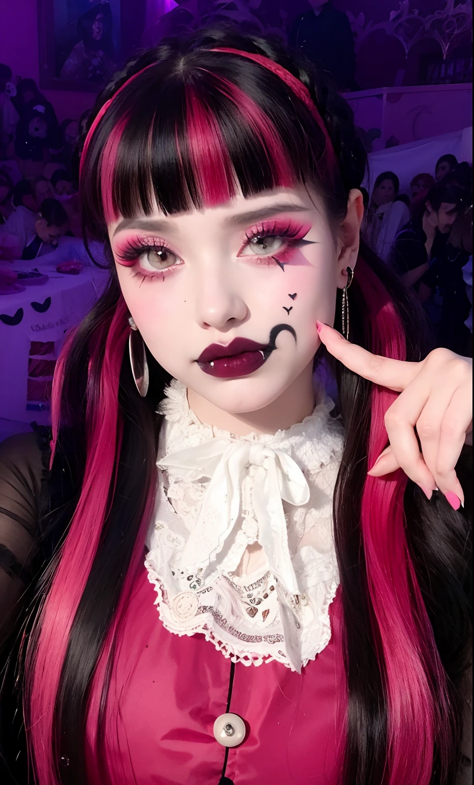 um close up de uma pessoa com cabelo rosa e uma peruca rosa, goth girl aesthetic, 1 7 - year - old anime goth girl, e 2K Cutecore Clowncore, goth girl, gothic aesthetic, 1 7 - year - old goth girl, kawaii assustador, wearing goth makeup, goth clown girl, cruel korean goth girl, goth makeup, bubble gothic makeup