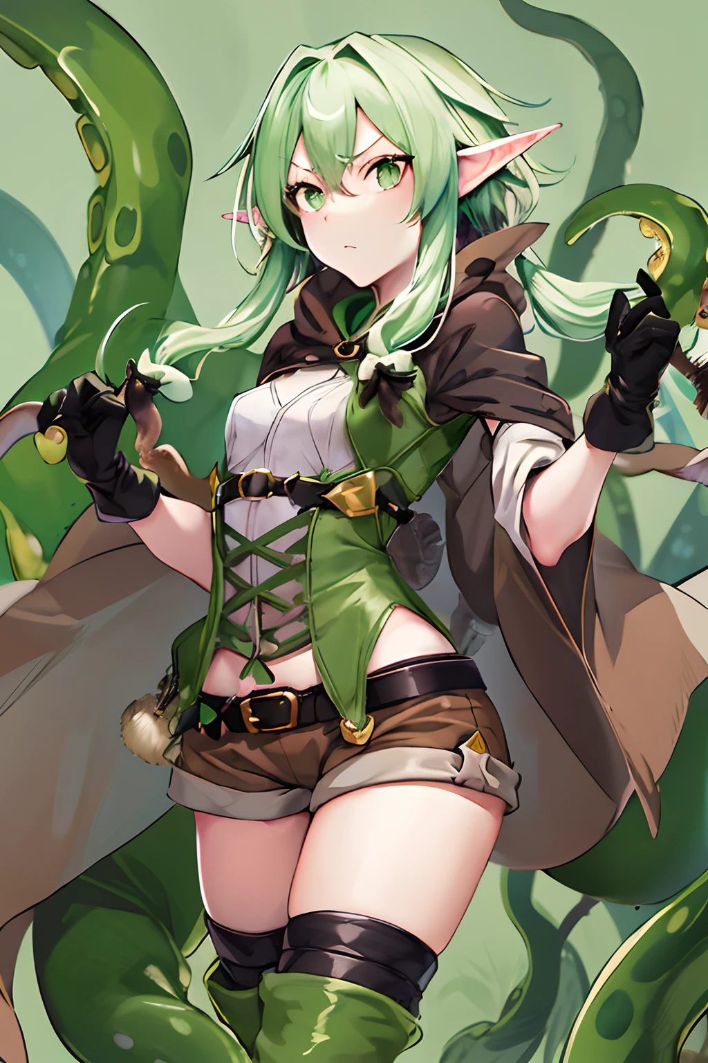 masutepiece, Best Quality, hight resolution, 1girl in, elf, pointy ear, Green hair, Long hair, side locks, Hair Bow, Small breasts, cloaks, Green eyes, Black Gloves, Brown shorts, green thighhighs, Short shorts, Belt bag,embarassed expression、((Caught by tentacles))