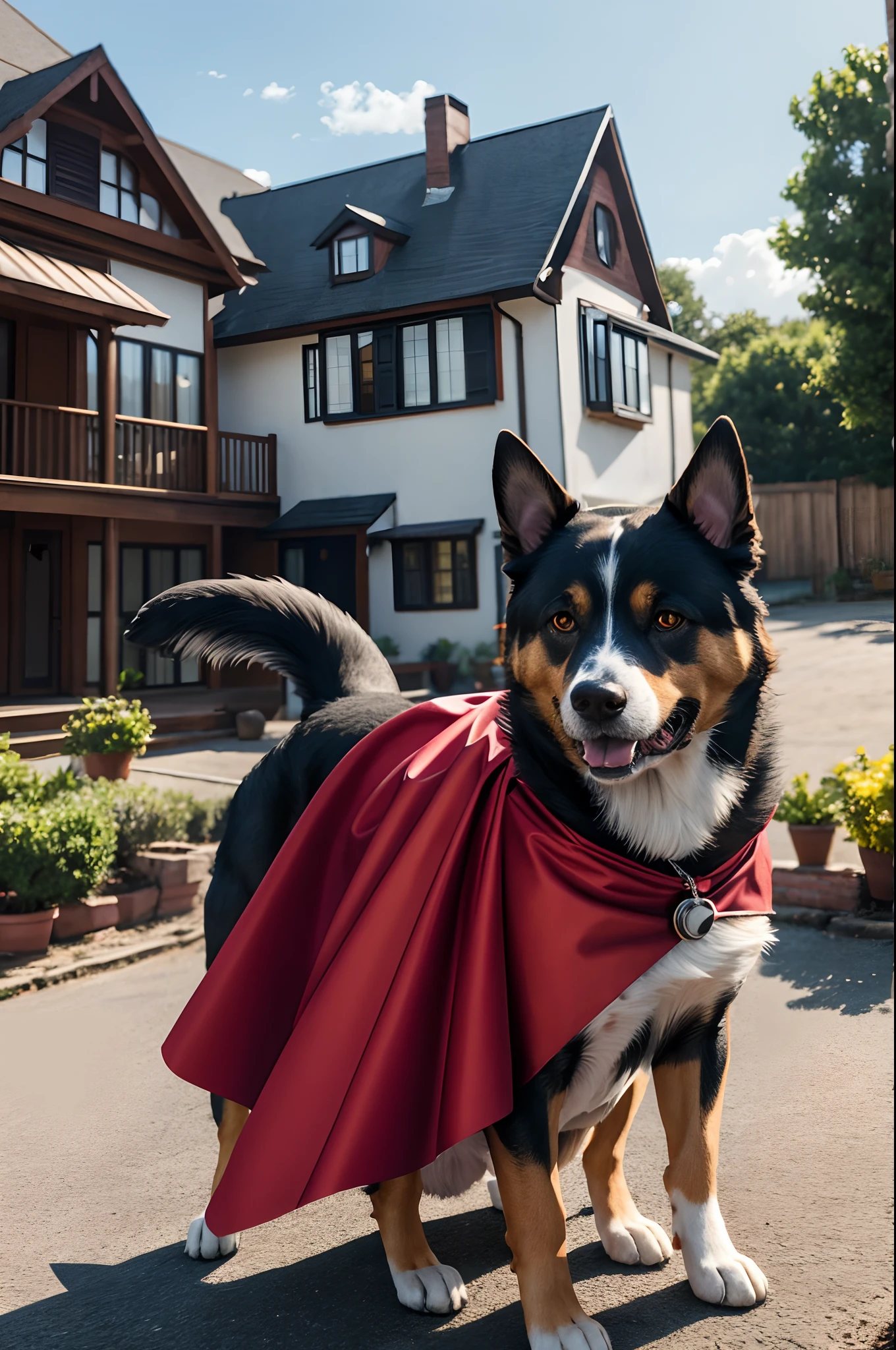 dog realistic detailed, background house dog, superhero, using cape