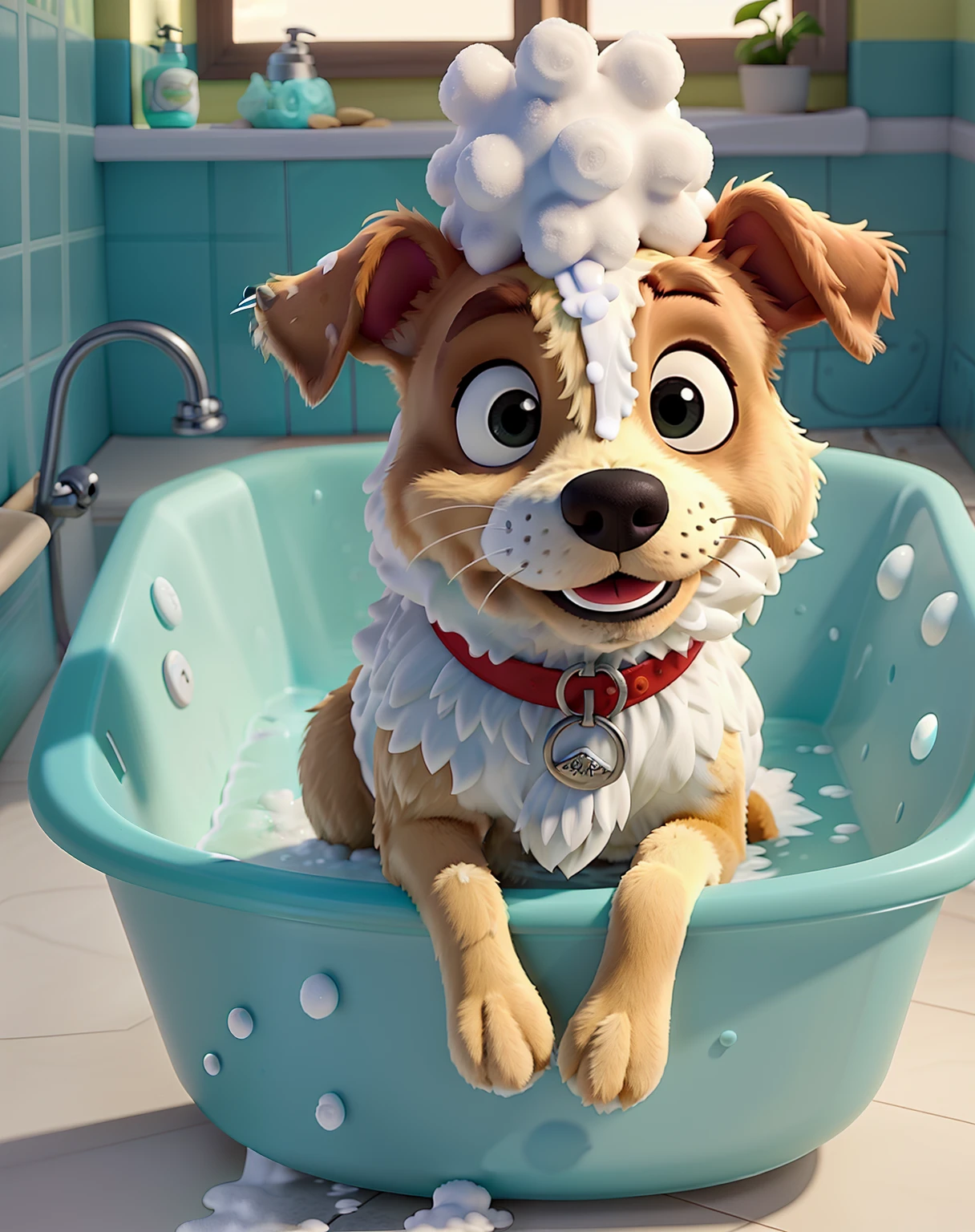 Dog with foam on head bathing in bathtub, com paredes laranja, estilo Disney Pixar, alta qualidade, melhor qualidade