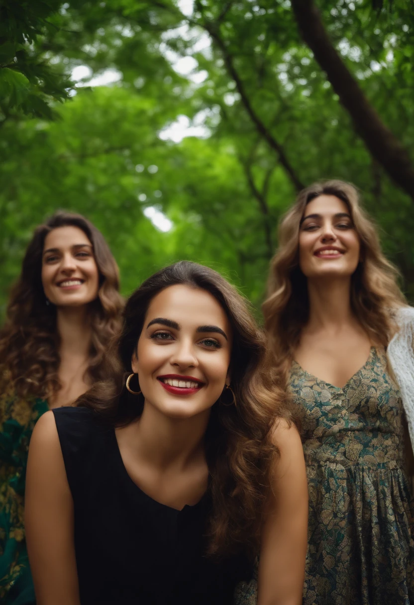 4 happy people with background full of trees a brunette, uma loira, um jovem loiro e uma morena baixa