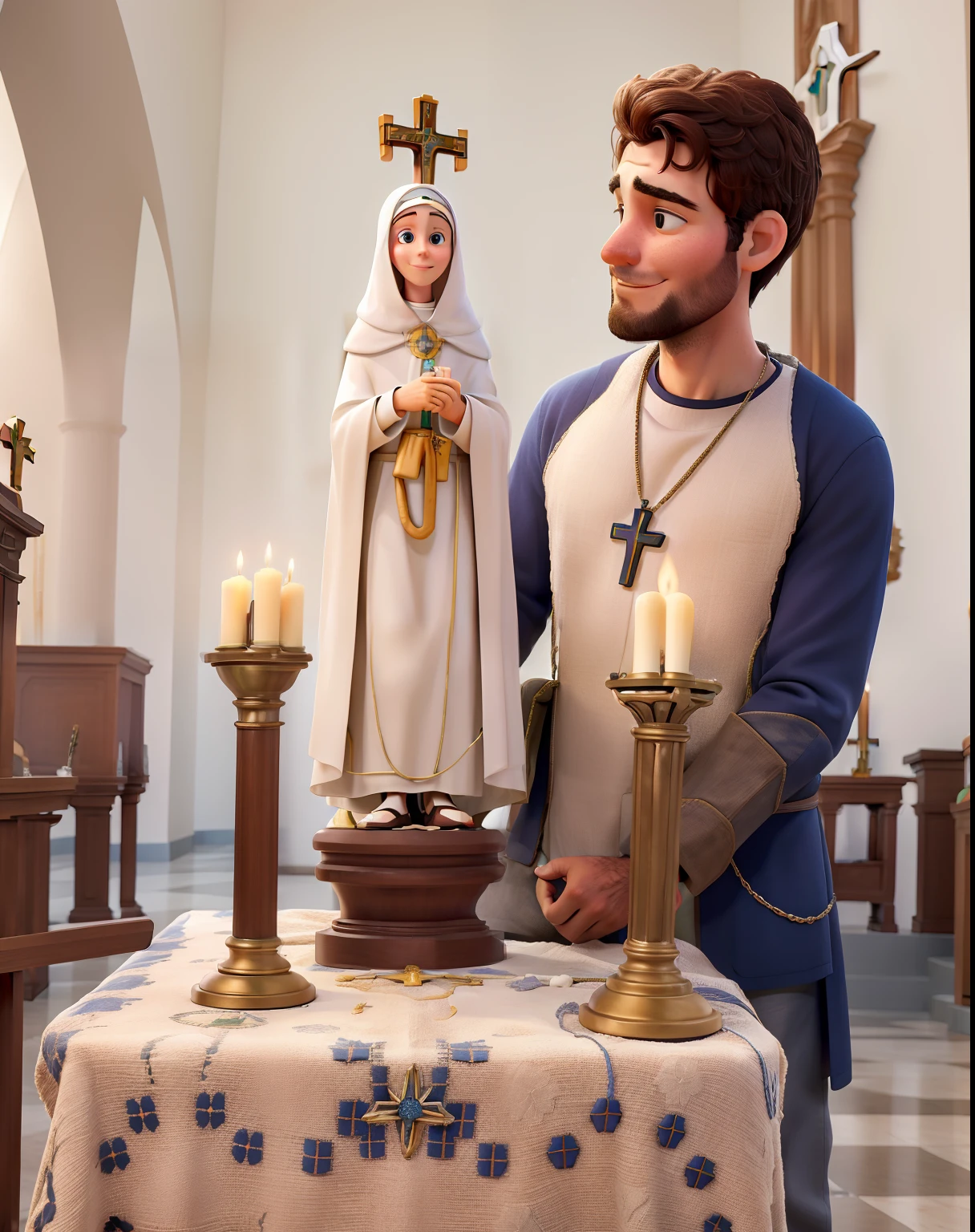 Um homem juntamente com a imagem da Virgem Maria, em frente ao altar de uma Igreja Catolica.