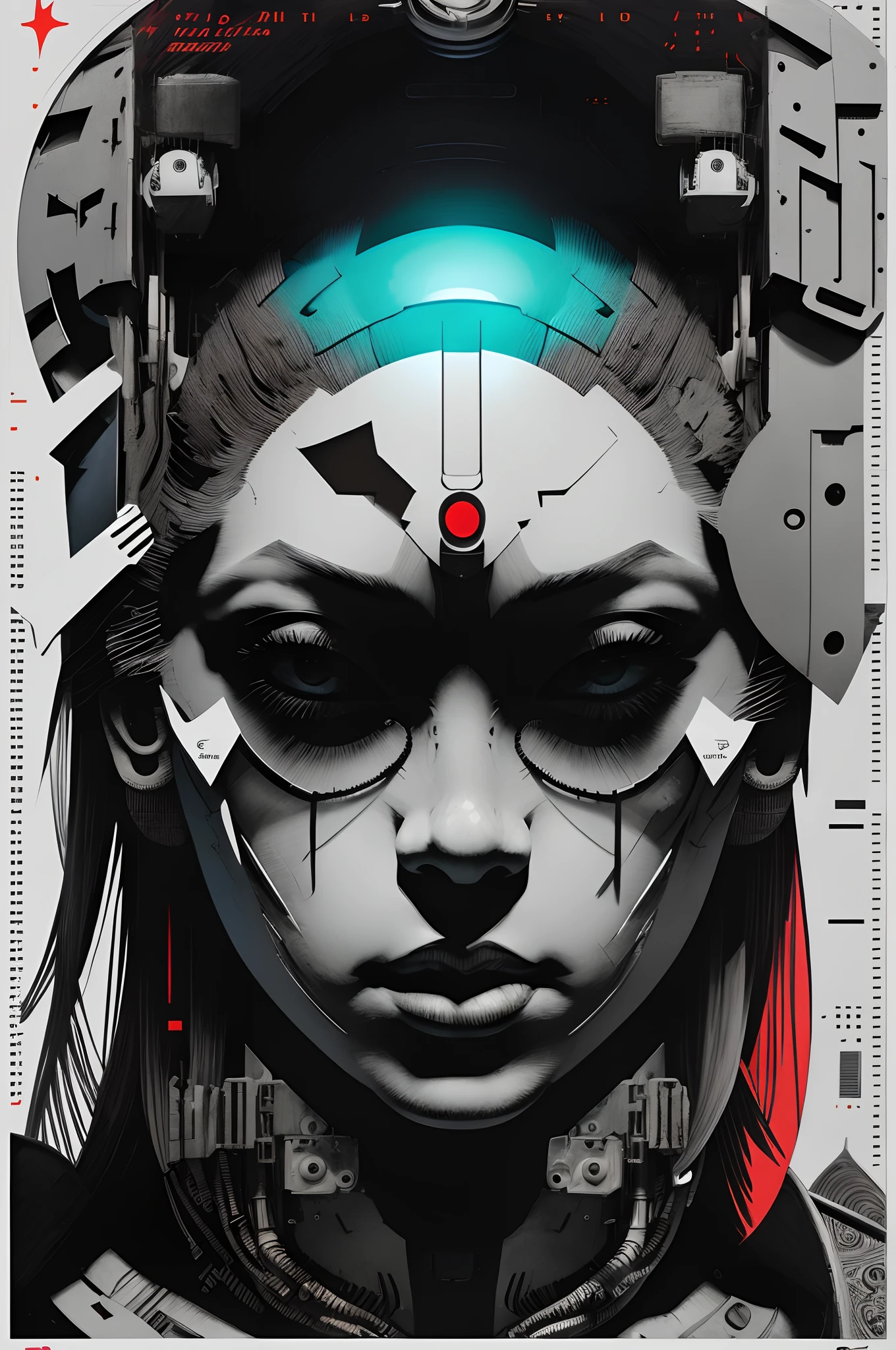 Depict face emerging from the shadows, perfect shading, magazine cover, poster art, robot girl, hint of vibrant