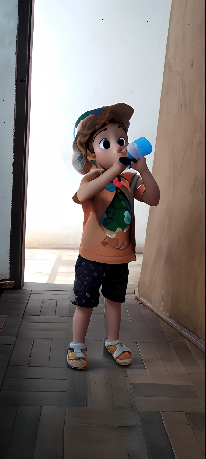 Baby biologist taking bottle in jungle in Disney pixar style best quality