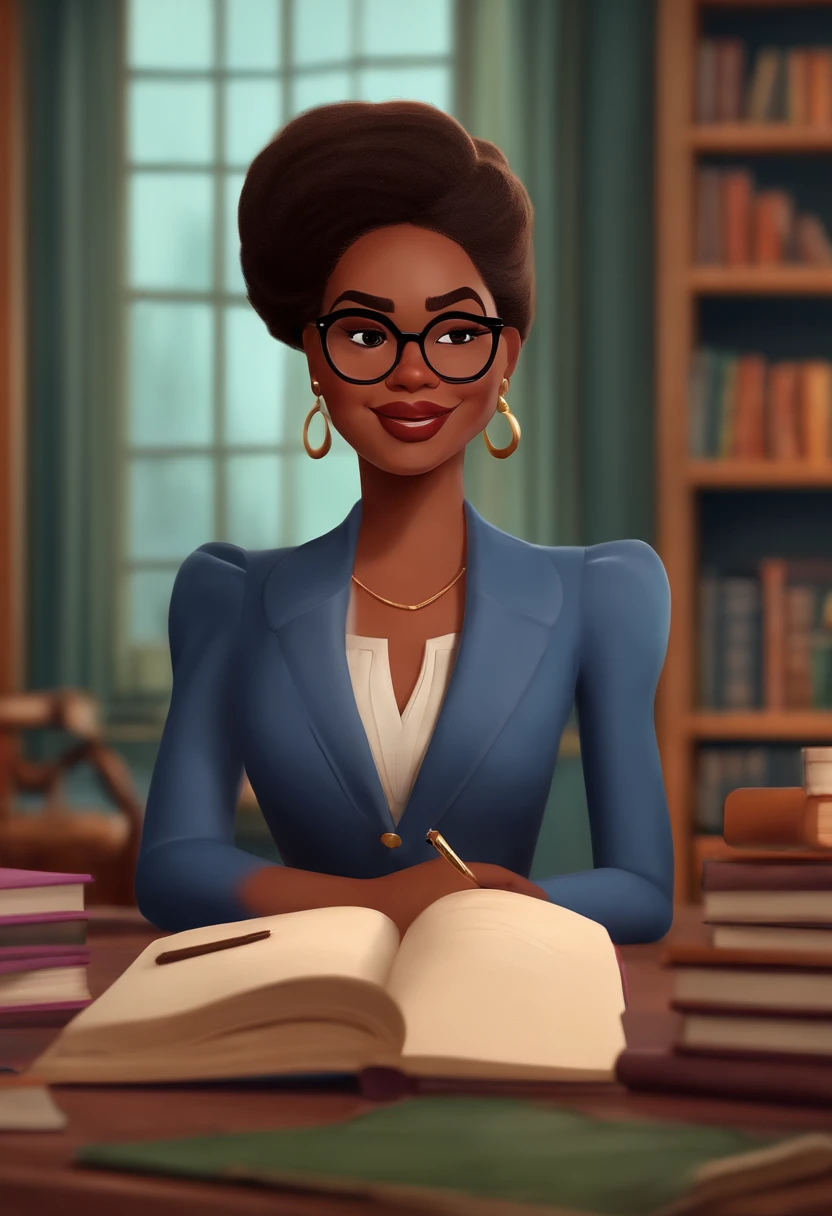 Pixar style image with 3D character, a light-skinned black woman with glasses and a dress outfit, she is a lawyer and is well dressed in the background, a law office with bookshelf and books with depth, bem bonito faca os ajustes que julgar necessario para melhor estetica ela tem cabelo cacheado medio volume cachos soltos castanhos mulher empoderada, Anos Imane, andrea rocha, inspired by Antonín Chittussi, Magalie Villeneuve, imagem profissional, simone graci, imagem profissional, imagem de perfil, imagem de alta qualidade, Alanis Guillen, inspirado em Araceli Gilbert Maquiagem Disney,Pescador, bonitinho, sorridente ,Close-up, Pixar, Disney, Cinema lighting,