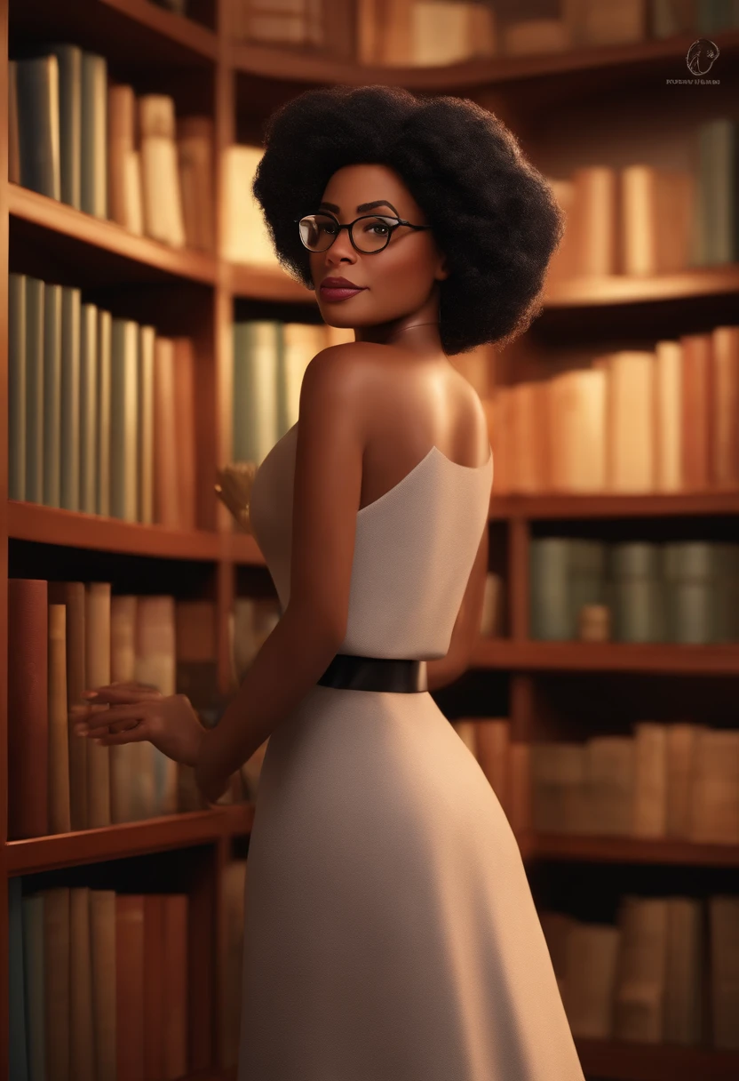 Pixar style image with 3D character, a light-skinned black woman with glasses and a dress outfit, she is a lawyer and is well dressed in the background, a law office with bookshelf and books with depth, bem bonito faca os ajustes que julgar necessario para melhor estetica ela tem cabelo cacheado medio volume cachos soltos castanhos mulher empoderada, Anos Imane, andrea rocha, inspired by Antonín Chittussi, Magalie Villeneuve, imagem profissional, simone graci, imagem profissional, imagem de perfil, imagem de alta qualidade, Alanis Guillen, inspirado em Araceli Gilbert Maquiagem Disney,Pescador, bonitinho, sorridente ,Close-up, Pixar, Disney, Cinema lighting,