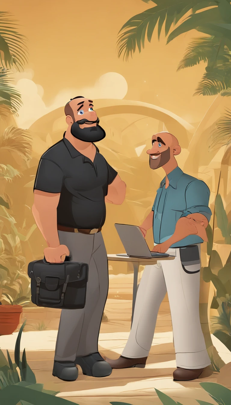 a poster of the Disney-style 3D film from Pixar with the text "RogerCortess" is a 40-year-old man, with a medium beard, more white than black, bald, somewhat strong, biker style sitting at a computer, futuristic style, programming codes. Without glasses. Smiling and beautiful