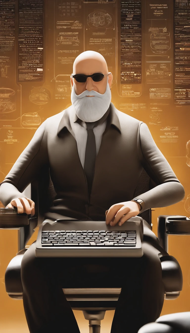 a poster of the Disney-style 3D film from Pixar with the text "RogerCortess" is a 40-year-old man, with a medium beard, more white than black, bald, somewhat strong, biker style sitting at a computer, futuristic style, programming codes. Without glasses. Smiling and beautiful