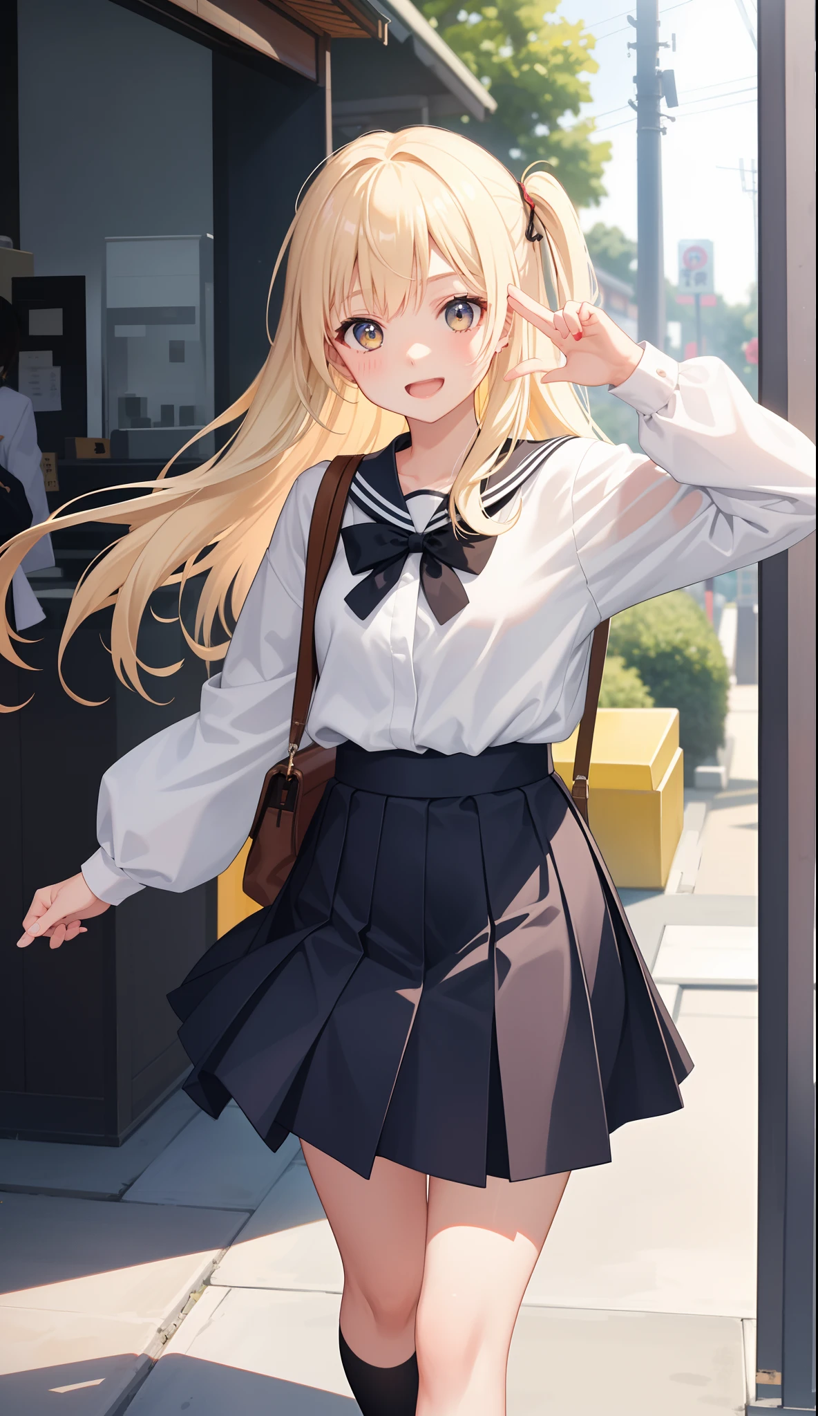 1girl in、AS-Adult、A smile、open open mouth、、be shy、The shirt、skirt by the、cream colored Hair、（small tits）Japan High School、校服、serafuku、Walking with a thigh、Upper body portrait、