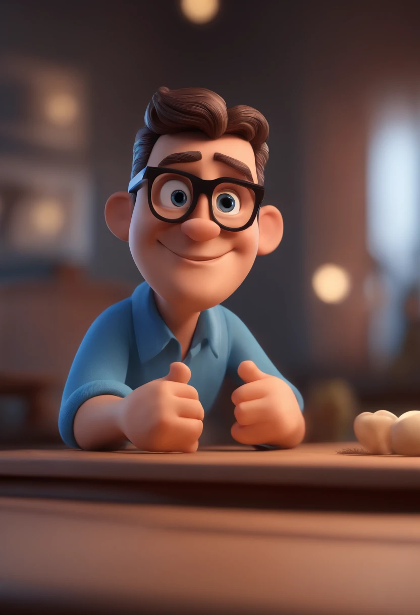 Cartoon character of a man wearing black glasses and a blue shirt, um personagem animado, Caractere estilizado, animation style rendering, 3D estilizado, Arnold Maya render, 3 d render stylized, toon render keyshot, Personagem 3D, Personagem 3D, 3d rendering stylized, 3 d character render, personagem de desenho animado, Personagem de close up, Pose de personagem, (Estilo Pixar) (master part:1.2) (Bokeh) (best quality) (pele detalhada) (textura detalhada) (8k) (argila) (Cinematic lighting) (foco nítido,Senta e vaza a parte superior do corpo
