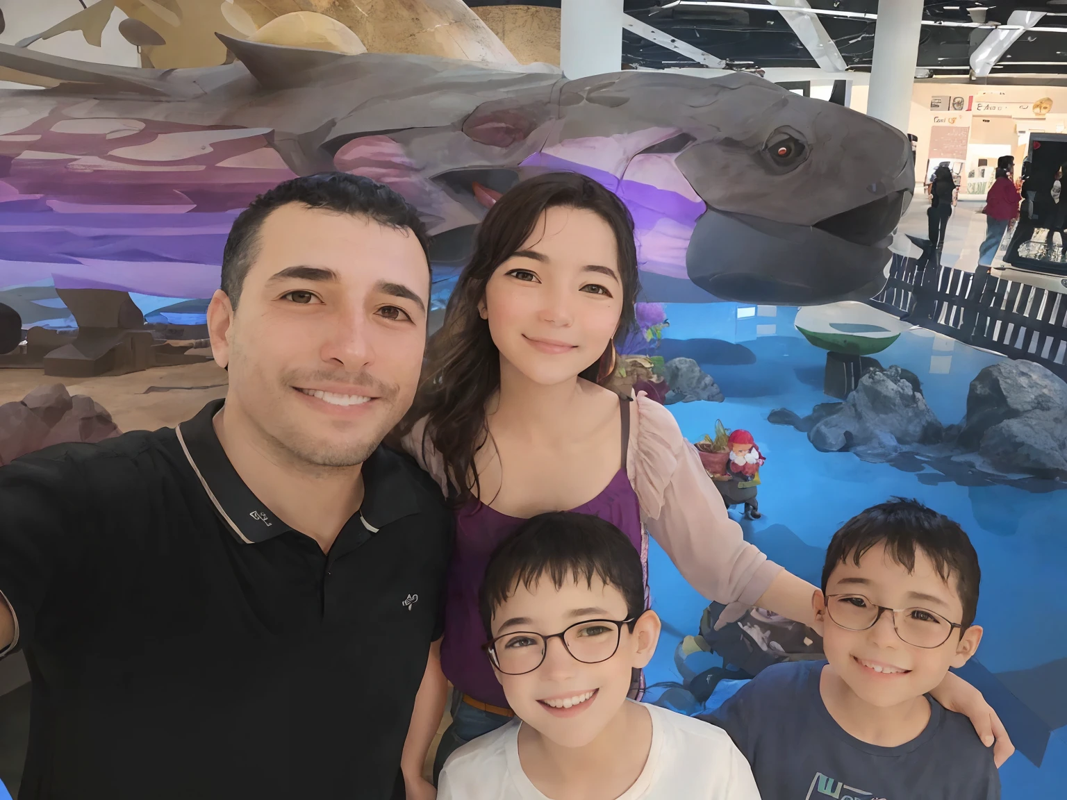 There are three people and a  posing for a photo, Happy family, Family photo, Directed by: Nandor Soldier, divertindo-se, vacation photo, family portrait, imagem de perfil, foto selfie, em um shopping, em um shopping, Postagem 4k, zona de descoberta, 4 k post, Foto realista, foto de perfil, no museu, foto de perfil