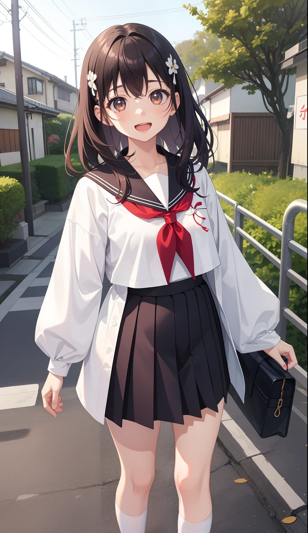 1girl in、AS-Adult、A smile、open open mouth、、be shy、The shirt、skirt by the、cream colored Hair、（small tits）Japan High School、校服、serafuku、Walking with a thigh、Upper body portrait、