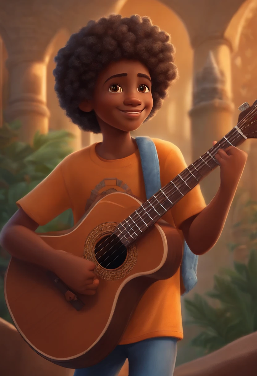 crie um banner no estilo Pixar. A boy with African features, moreno pardo com cabelos curtos, Castanhos escuros, Curly and slightly grayish appearance, mas jovem, usando uma camiseta, Wearing jeans and holding a classical guitar with 7 strings.