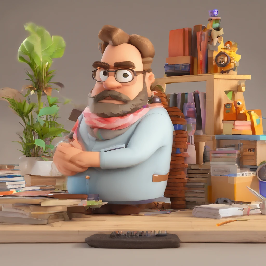 Criar um personagem no estilo Pixar. Trata-se de um homem de 42 anos, com barba, Branco, com cabelos preto um pouco grisalho curtos e um quiff, e olhos castanhos, He's kinda chubby. Ele deve estar na frente de um computador, Trabalhar como designer