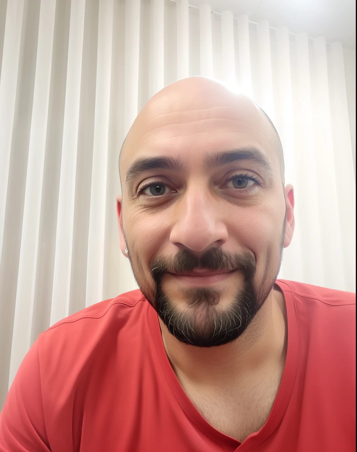 Man with beard and red shirt is taking selfie, (38 anos), Fotografia selfie 8k, cara muito feia, selfie de um homem, sneering at the camera, imagem de qualidade muito baixa, foto muito precisa, careca com barba curta, 38 anos, Homem de 4 0 anos, 3 6 anos
