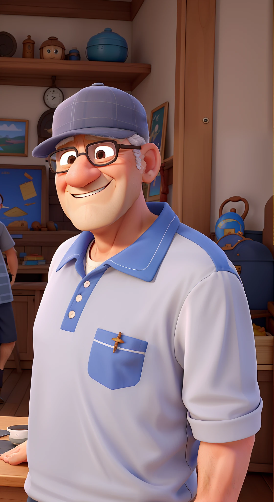 An 90-year-old grandpa, sem oculos sem cabelo, com sarnas no rosto, sem costeletas, com mais rugas, estilo disney pixar, with deck in hand, alta qualidade, melhor qualidade