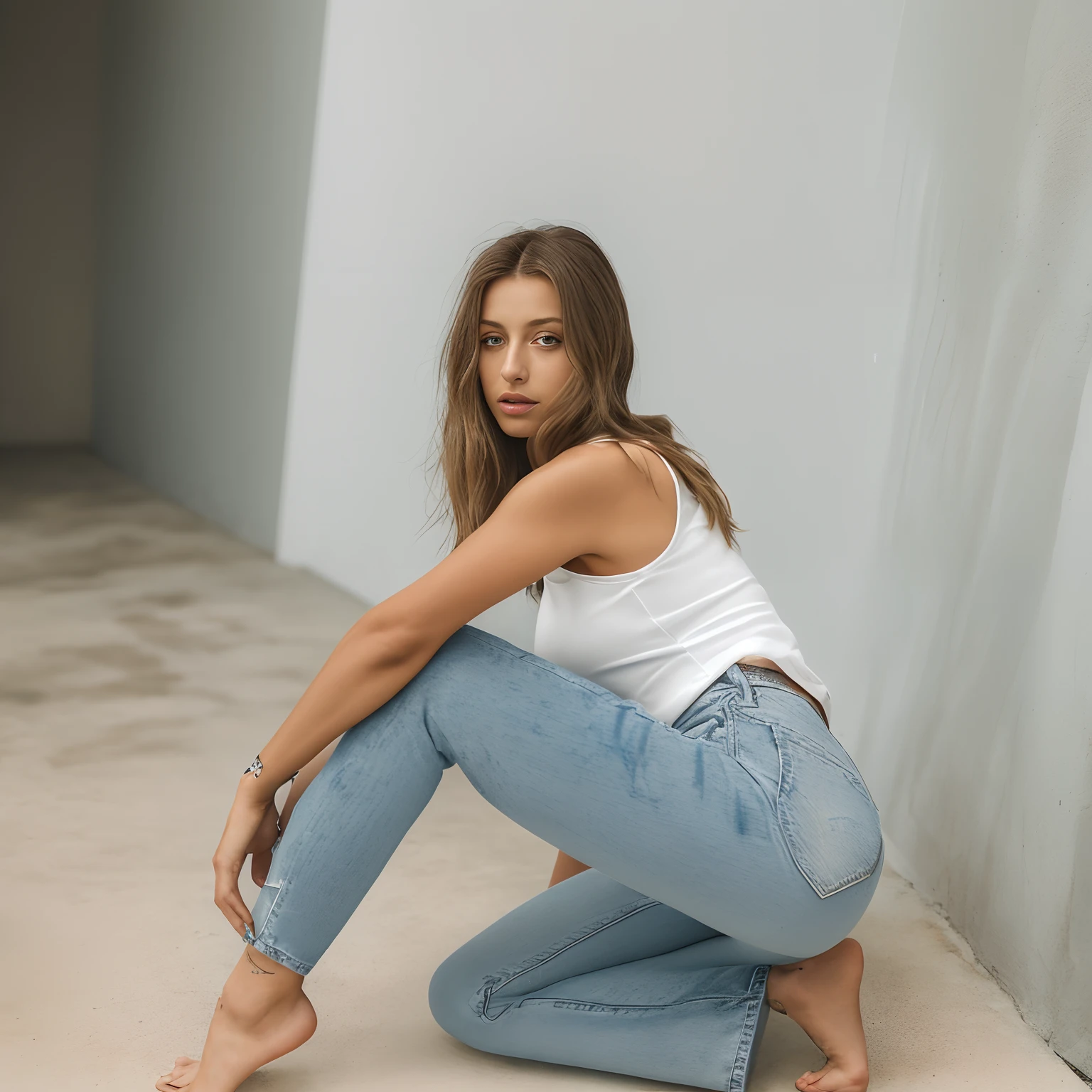 arafed woman in white tank top and jeans sitting on the ground, jeans, blue jeans, blue jeans. unreal 5, baggy jeans, wearing jeans, portrait sophie mudd, model posing, solo photoshoot, 2 4 year old female model, angela sarafyan, jeans and t shirt, denim jeans, casual pose, jeans pants