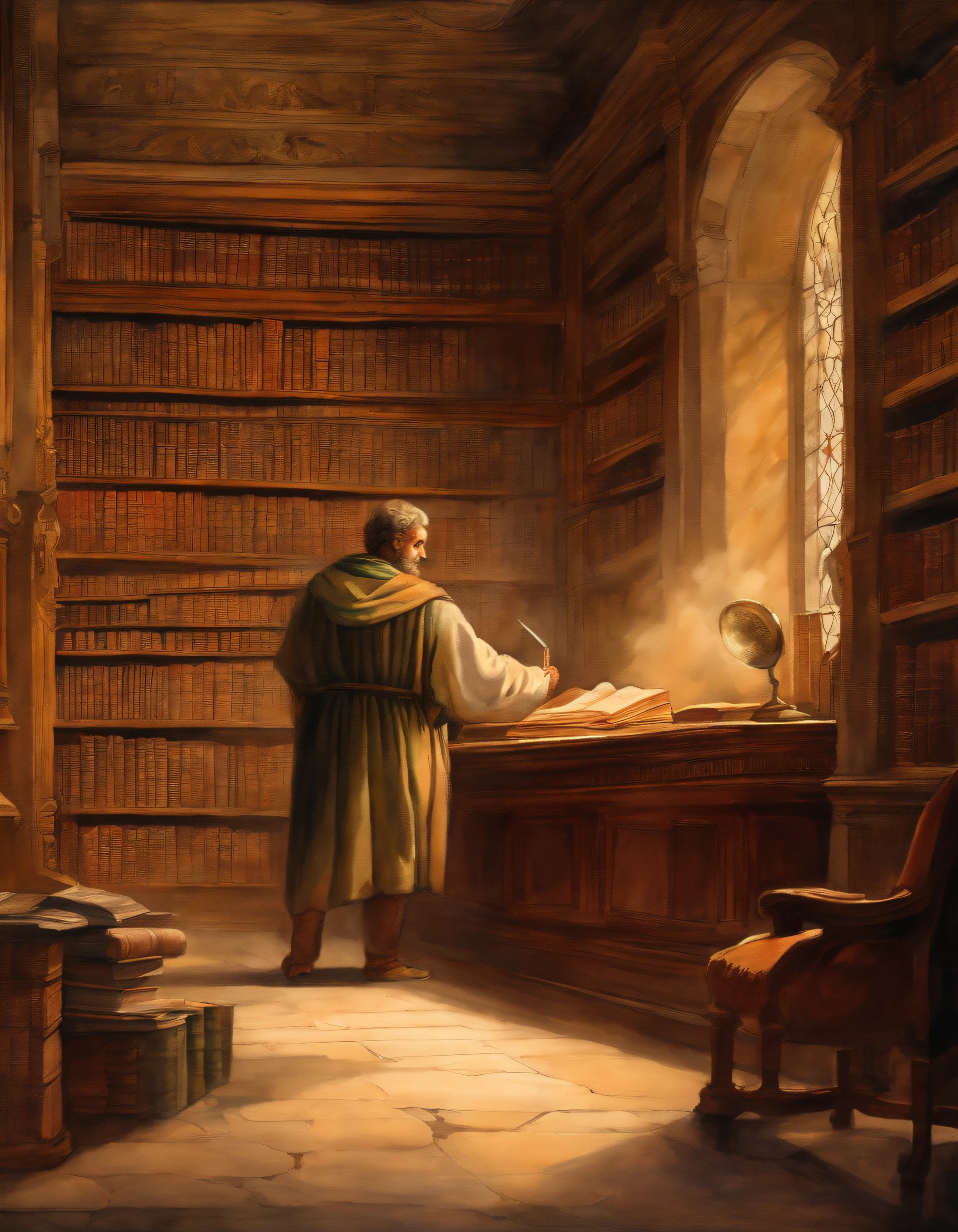 watercolor painting with the philosopher Aristotle in an ancient library, better quality