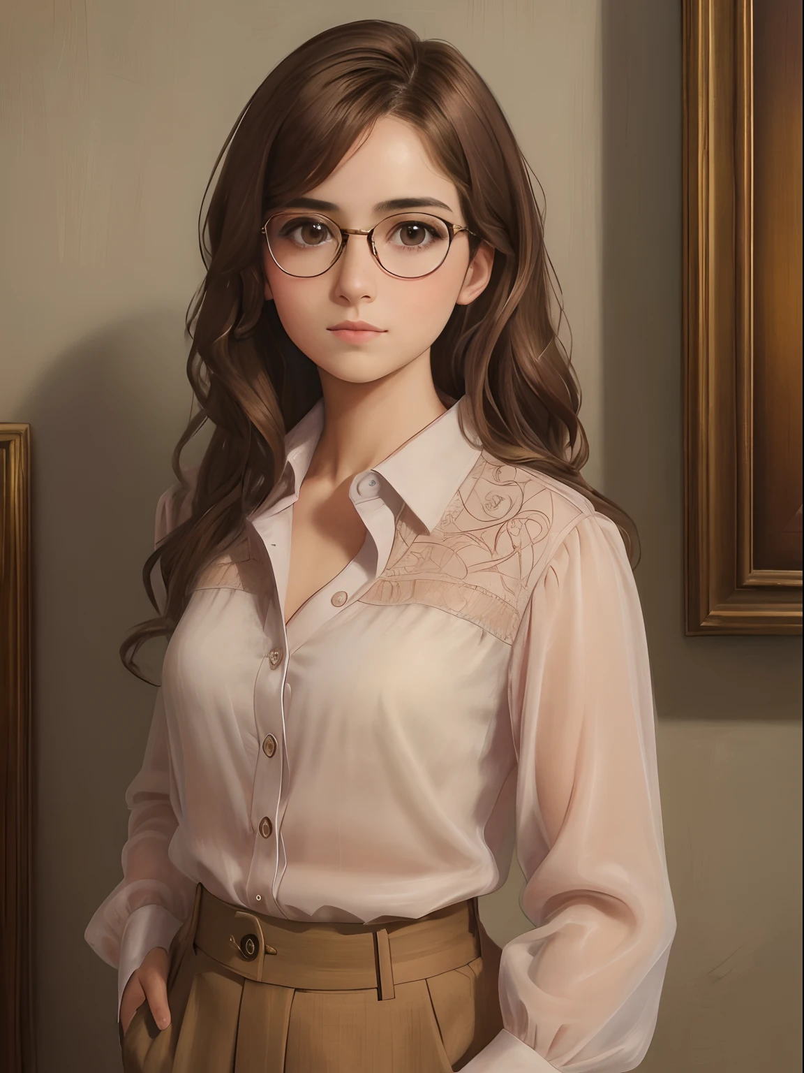 a 1girl, a beautiful -agedl, extremely small breasts, short wavy brown hair, brown eye, eyeglasses, portraite of a, oil painted, contemporary, sheer silk blouse with unbuttoned top button, Realistic Proportion, Intricate, intricate detials, sharp-focus