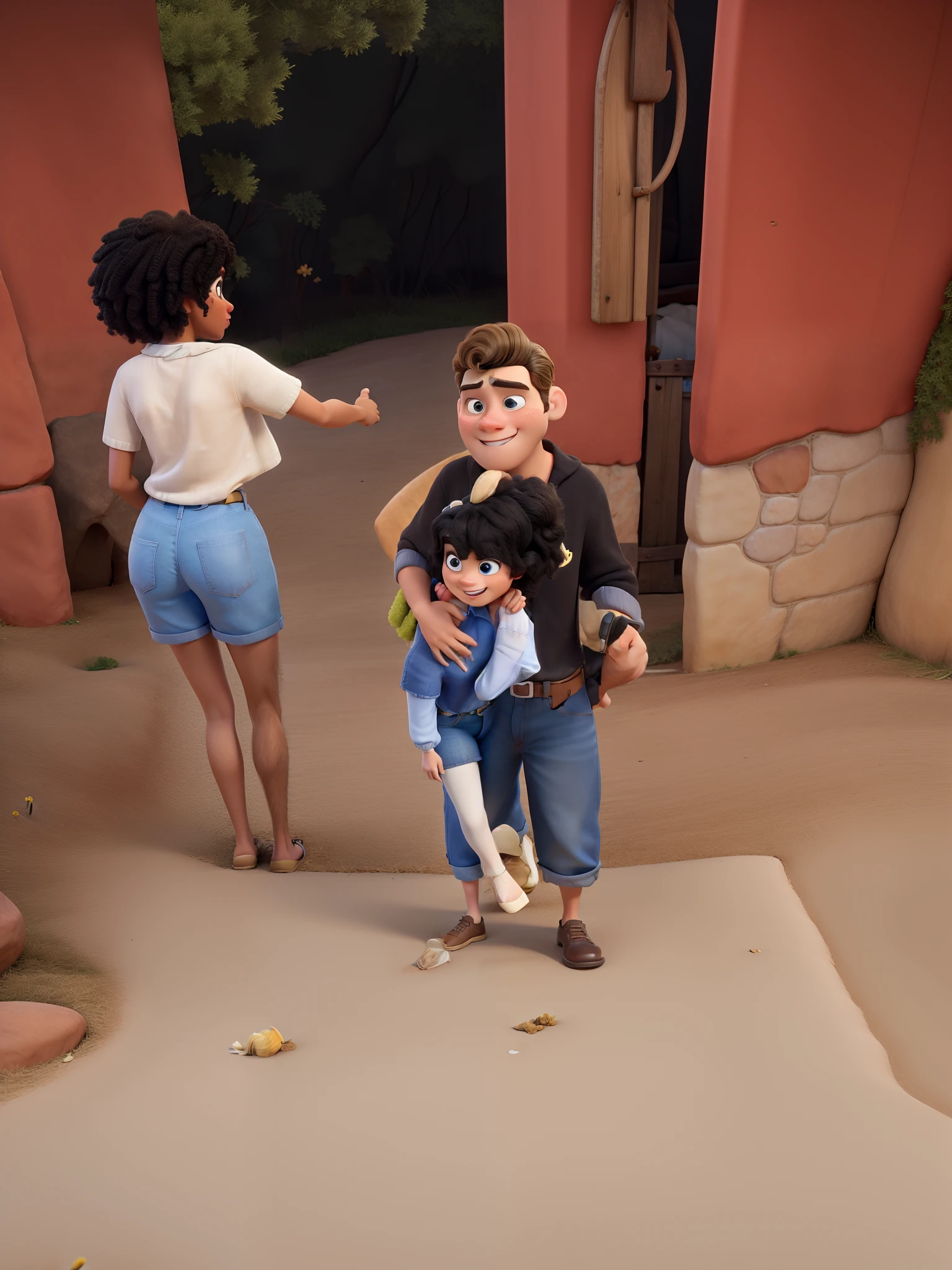 Obra-prima ao estilo Disney/Pixar in high quality and high resolution. The woman in the front is blonde and the man has black hair.