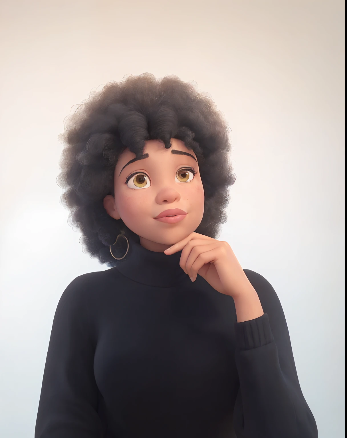 There's a woman in a black turtleneck shirt posing for a photo, com afro, retrato de alta qualidade, foto de uma mulher negra, jovem mulher negra, afro encaracolado, Retrato Sophie Mudd, seu rosto emoldurado com cachos, afro, mixed race woman, retrato de perfil, looking to the side off camera, mulher jovem negra, retrato de rosto completo, mixed race woman