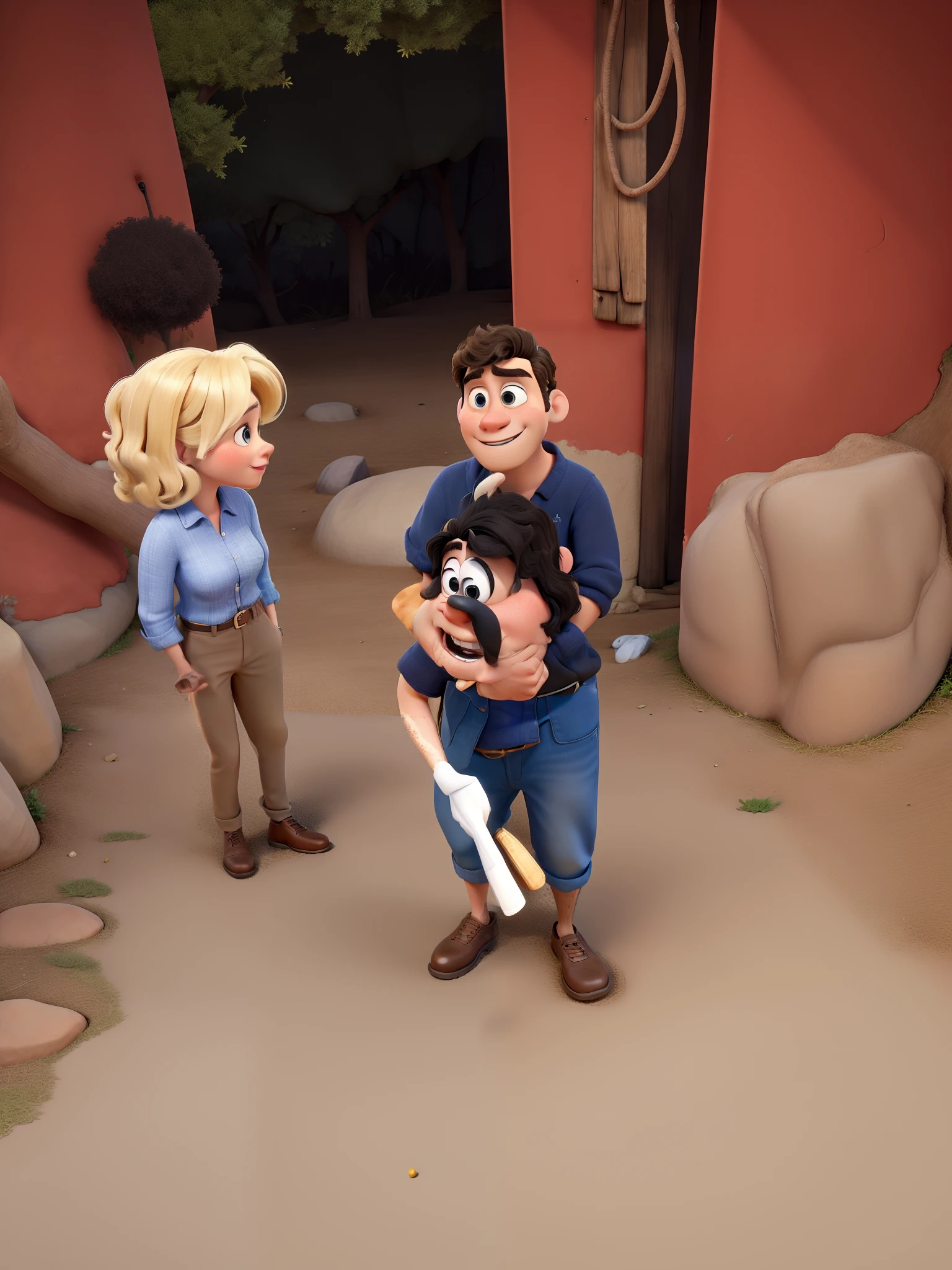 Obra-prima ao estilo Disney/Pixar in high quality and high resolution. The woman in the front is blonde and the man has black hair.