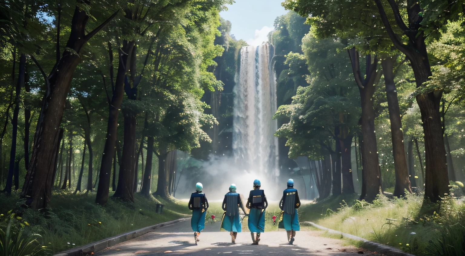 "Generate a futuristic and technological image of a group of people engaged in environmental preservation activities. The scene must portray a verdant landscape with trees, rivers and diverse flora. The central action must be a group of individuals, far from the camera, interacting with nature in a sustainable way.

Important Details:

Add integrated technological elements to the scene, such as environmental drones flying for monitoring.
Make sure people are wearing modern, sustainable uniforms.
Highlight activities such as waste collection, tree planting and maintenance of vertical gardens.
Use shades of green and blue to convey a fresh, eco-friendly atmosphere.
Integrate high-tech elements such as augmented reality devices displaying information about the environment.
Ensure the image conveys a sense of harmony between advanced technology and sustainable practices.
Make sure the scenario represents a positive future, highlighting advances in environmental preservation.