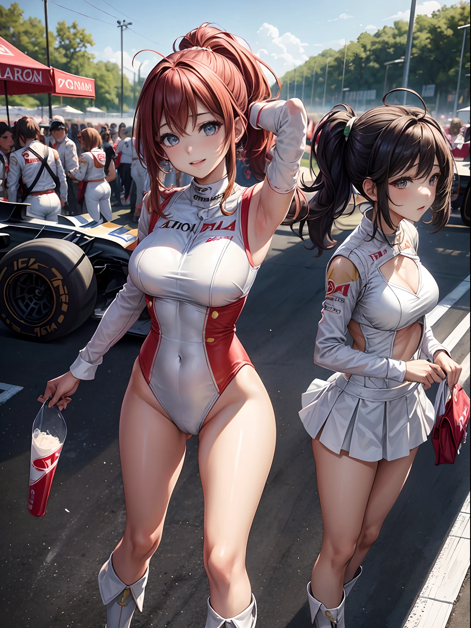 top-quality、Full limbs、complete fingers、1girl、((one beautiful women、独奏))、Beautiful Large Breasts、Medium hair、poneyTail、Race Queen Costume、Woman in red and white leotard with logo、Red arm cover、Tricolor parasol、Woman in long white boots、((F1 Circuit、Formula 1、F1、racing car))