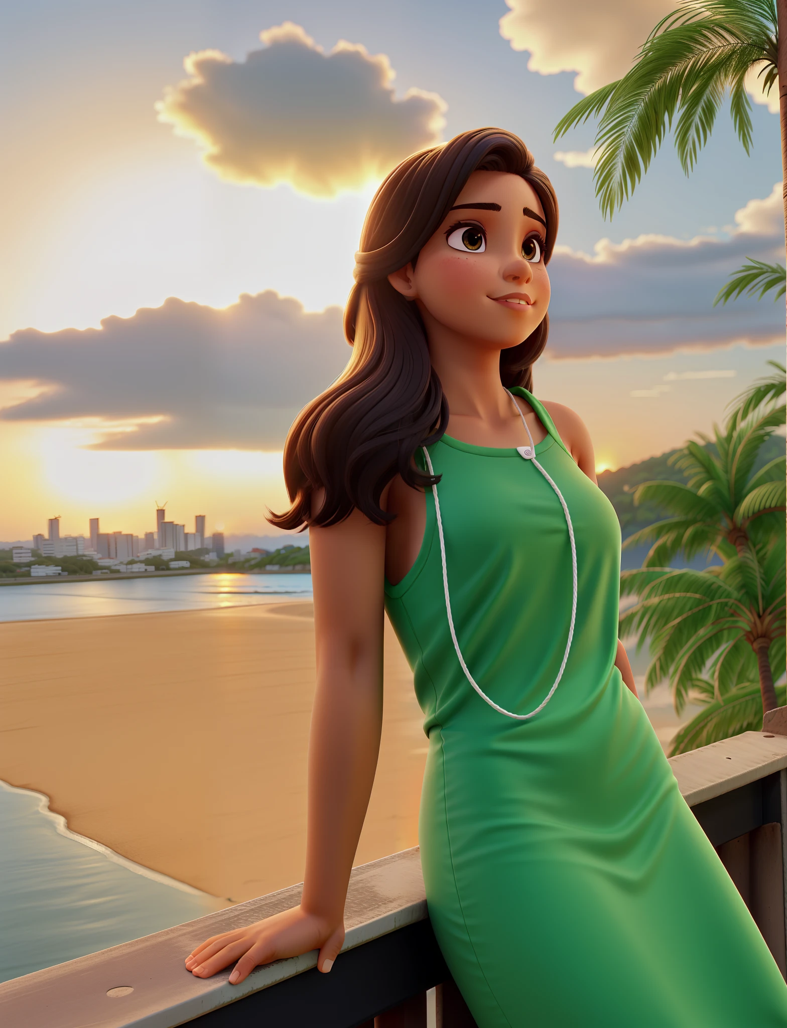 Mulher brasileira, cabelo castanho claro. Na frente, por do sol ao fundo